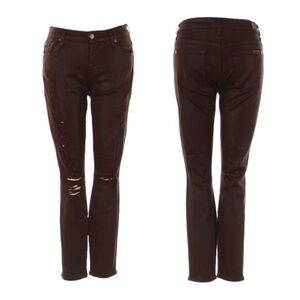 7 For All Mankind Coated Distressed Wine Red Skinny Ankle Jeans Size 26